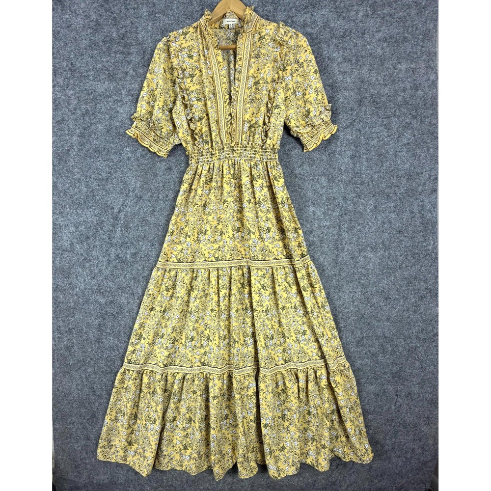 Max Studio Tiered Maxi Dress Womens Medium Yellow Floral Peasant Cottage Smocked